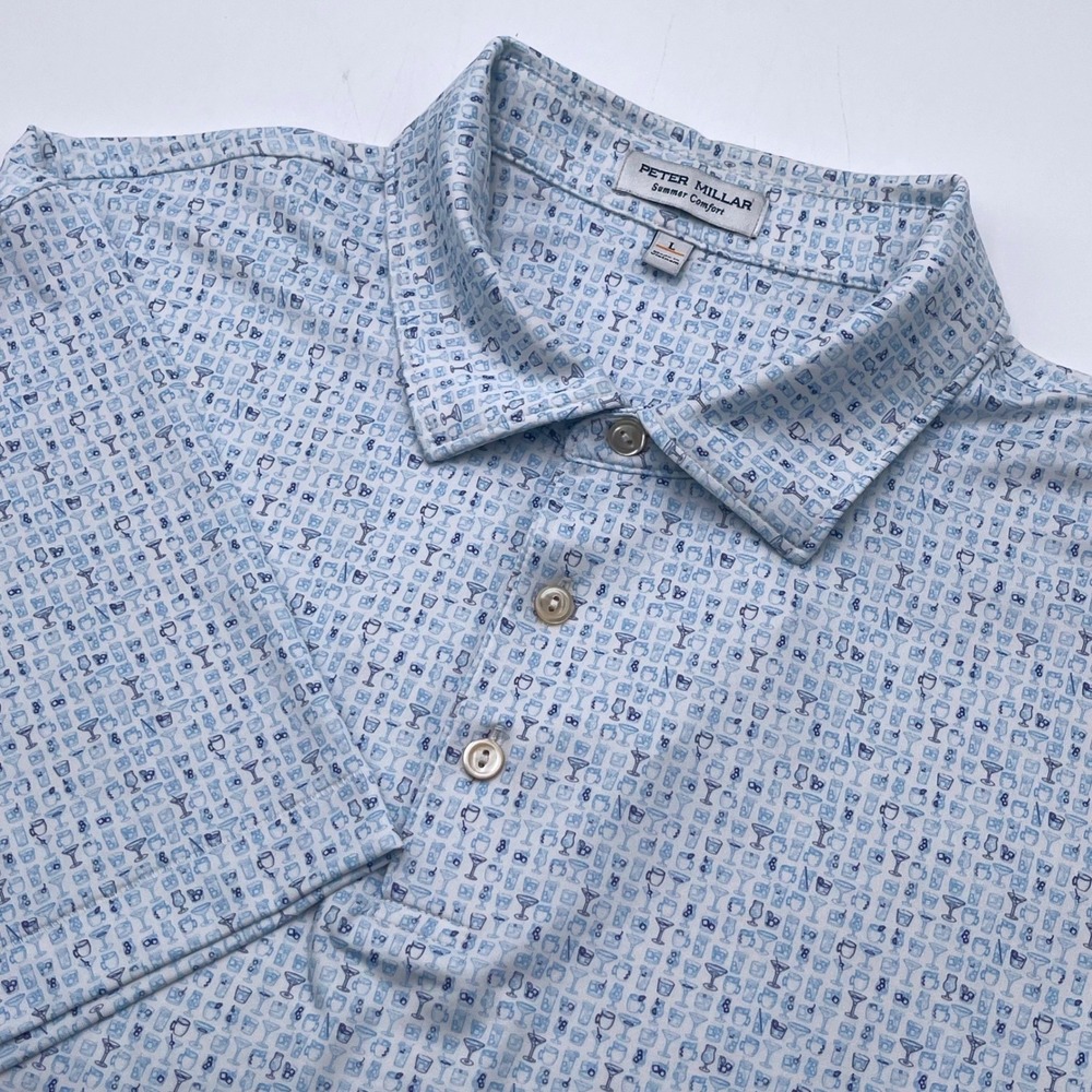 Peter Millar Summer Comfort Mens Large Blue Cocktail Glass AOP Golf Polo Shirt
